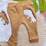 Body Manga Longa e Calça Dino Bebê - Caramelo e Off White