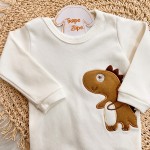 Body Manga Longa e Calça Dino Bebê - Caramelo e Off White
