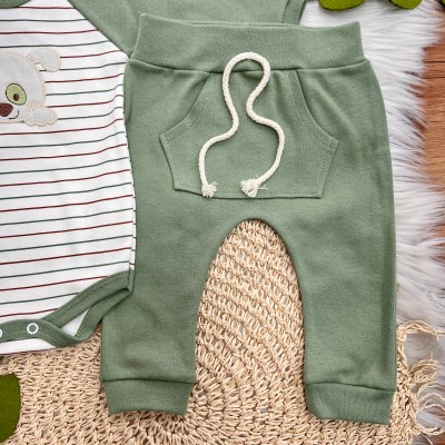 Body Longo e Calça Cãozinho Ursinho Listrado - Verde 