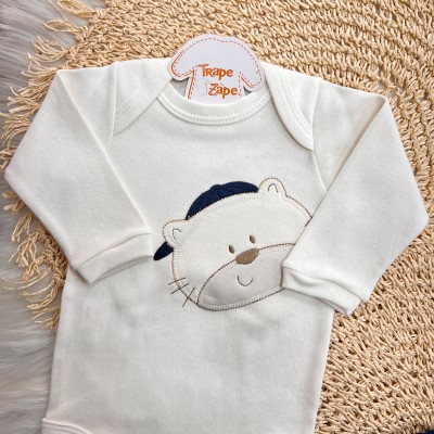 Body Manga Longa e Calça Ursinho com Boné - Azul Marinho e Off White