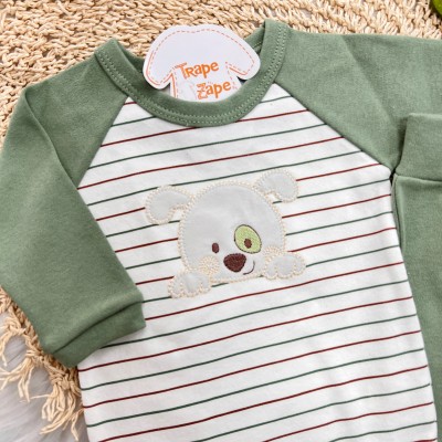 Body Longo e Calça Cãozinho Ursinho Listrado - Verde 