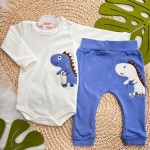 Body Manga Longa e Calça Dino Bebê - Azul Bic e Off White