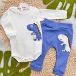 Body Longo e Calça Dinozinho Listrado - Azul
