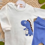 Body Longo e Calça Dinozinho Listrado - Azul