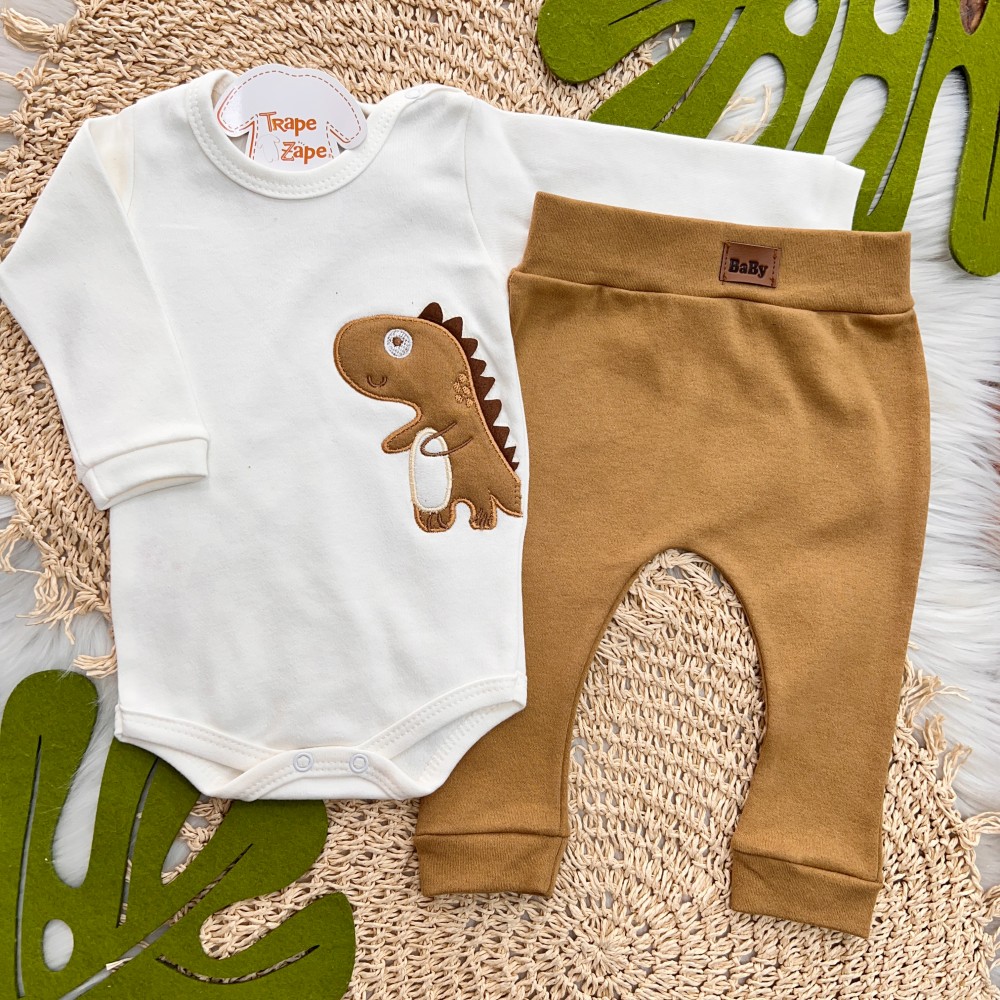 Body Longo e Calça Dinozinho Listrado - Marrom