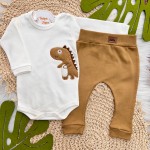 Body Longo e Calça Dinozinho Listrado - Marrom