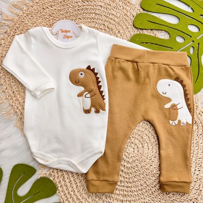 Body Manga Longa e Calça Dino Bebê - Caramelo e Off White