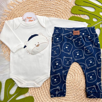 Body Manga Longa e Calça Ursinho com Boné - Azul Marinho e Off White