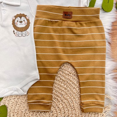 Body Manga Longa e Calça Leãozinho Listrado - Bege e Caramelo