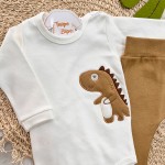 Body Longo e Calça Dinozinho Listrado - Marrom