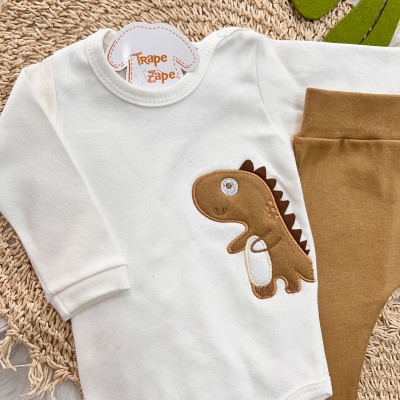 Body Longo e Calça Dinozinho Listrado - Caramelo
