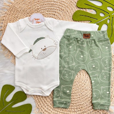 Body Manga Longa e Calça Ursinho com Boné - Verde e Off White