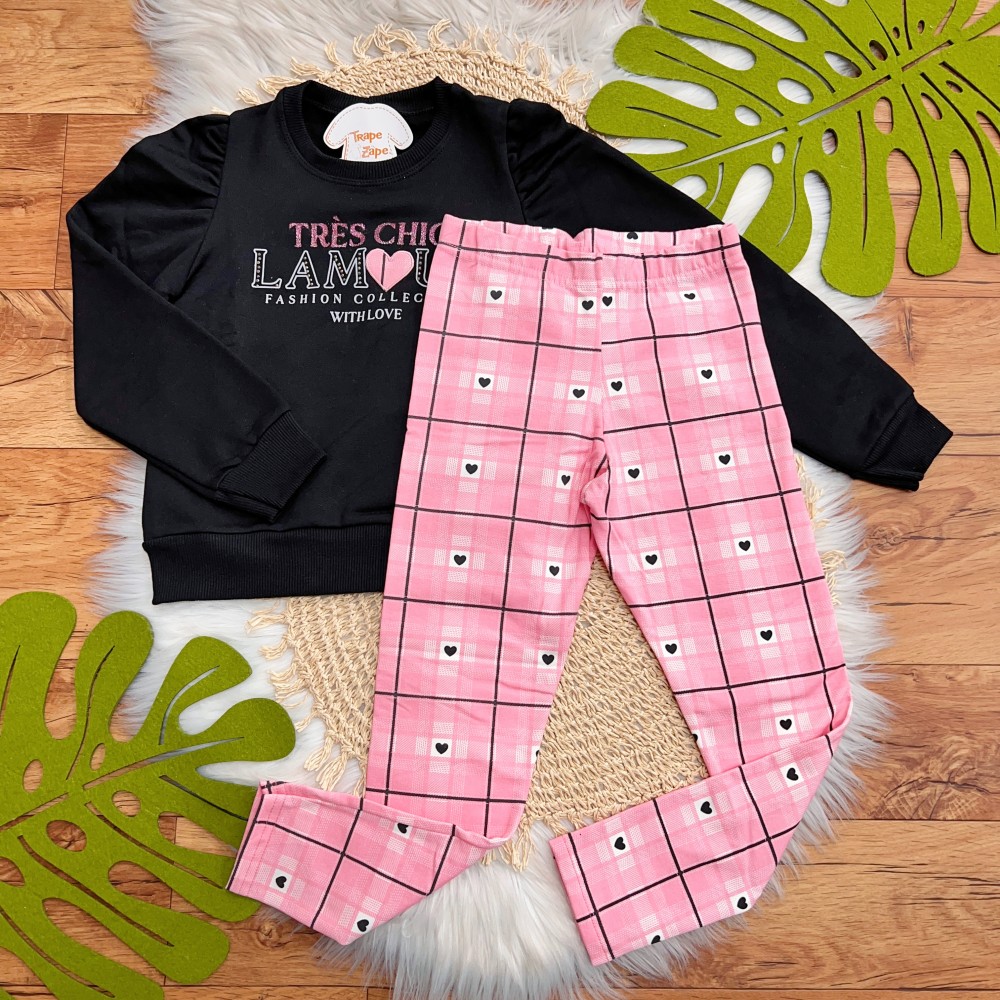  Inverno 2025 - Conjunto Lamour Casaco e Calça - Preto e Rosa 
