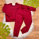  Inverno 2025 - Conjunto Casaco e Calça Moletom Perolas e Babadinhos - Bordô