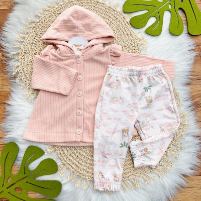 Inverno 2025 - Conjunto sobretudo soft canelado com calça estampada - Rosa 