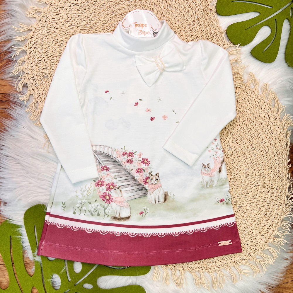 Inverno 2025 - Vestido Gatinha com Laço - Branco e Bordô 
