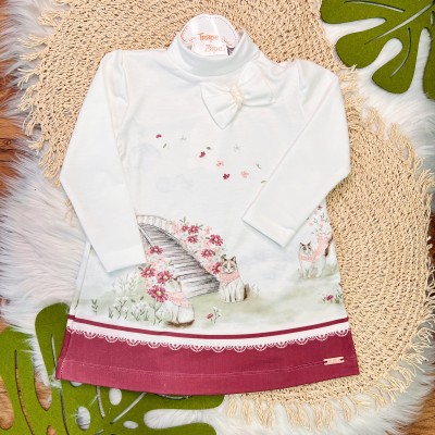 Inverno 2025 - Vestido Gatinha com Laço - Branco e Bordô 