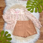 Inverno 2025 - Conjunto Gatinha com Cachecol Blusa e Shorts - Rosa e Caramelo 