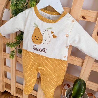 Macacão Malha Trape Zape - Perinhas Sweet - Mostarda e Off White