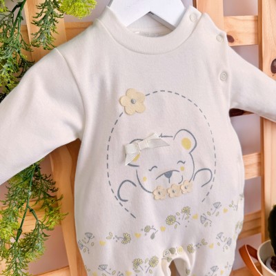 Macacão Trape Zape - Ursinha com Lacinho e Flores - Off White e Amarelo