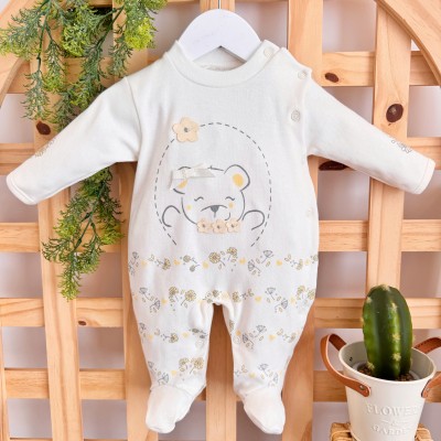 Macacão Trape Zape - Ursinha com Lacinho e Flores - Off White e Amarelo