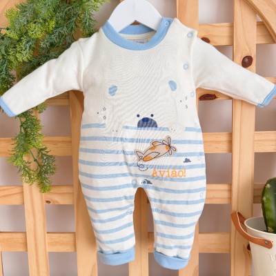 Macacão Trape Zape- Avião e Ursinho - Off White e Azul Bebê