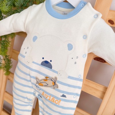 Macacão Trape Zape- Avião e Ursinho - Off White e Azul Bebê