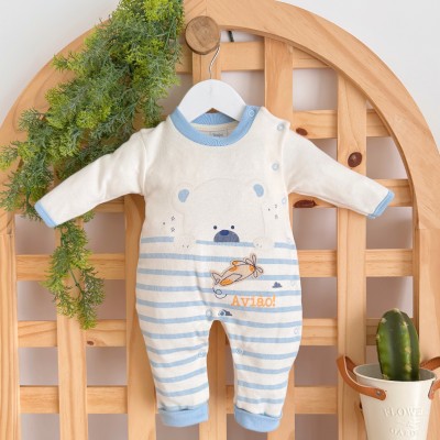 Macacão Trape Zape- Avião e Ursinho - Off White e Azul Bebê