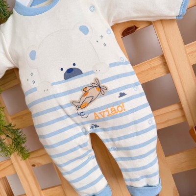 Macacão Trape Zape- Avião e Ursinho - Off White e Azul Bebê
