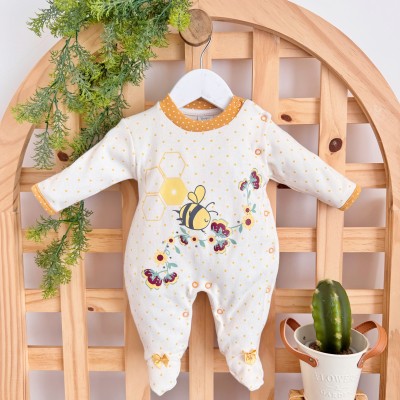 Macacão Trape Zape - Abelhinha - Off White e Mostarda com Flor Bordô