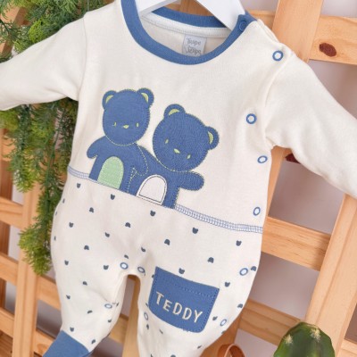  Macacão Trape Zape - Ursinhos Teddy - Off White e Azul Jeans