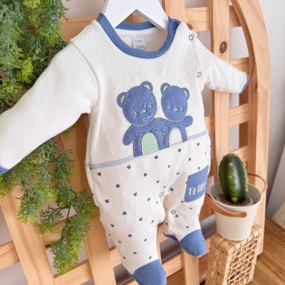  Macacão Trape Zape - Ursinhos Teddy - Off White e Azul Jeans