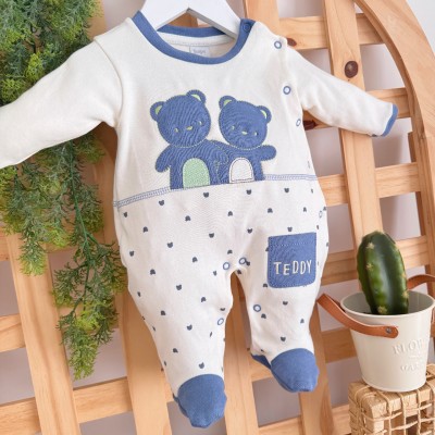 Macacão Trape Zape - Ursinhos Teddy - Off White e Azul Jeans