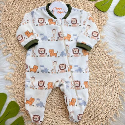 Macacão de Plush Safari com Bumbum Leãozinho - Verde e Off White