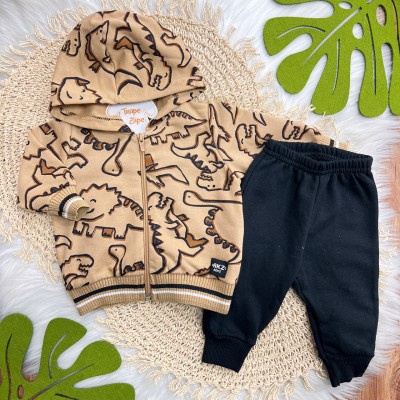 Inverno 2025 - Conj. Jaqueta Dinos Desenhos e Calça em Moletom - Cappuccino e Preto