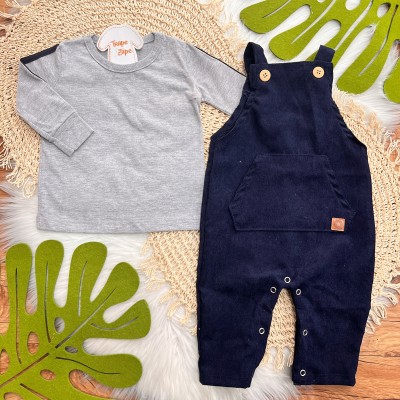 Inverno 2025 - Conj. Blusa Manga Longa e Jardineira em Plush Canelado - Azul Marinho