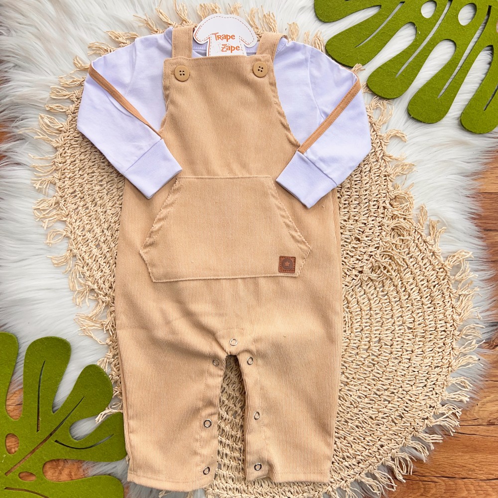 Inverno 2025 - Conj. Blusa Manga Longa e Jardineira em Plush Canelado - Areia