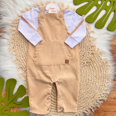 Inverno 2025 - Conj. Blusa Manga Longa e Jardineira em Plush Canelado - Areia
