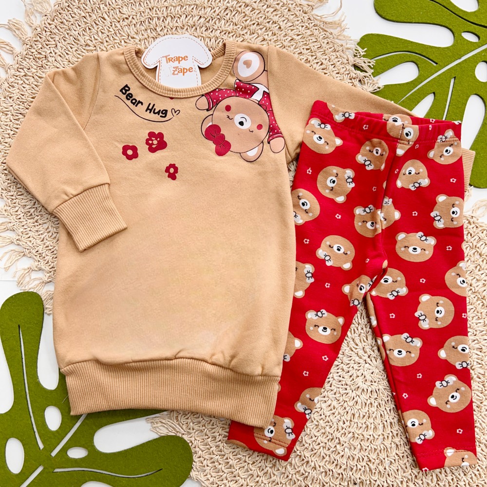 Inverno 2025 - Conj. Bear Hug Casaco de Moletom e Calça Legging - Caramelo e Vermelho