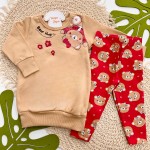 Inverno 2025 - Conj. Bear Hug Casaco de Moletom e Calça Legging - Caramelo e Vermelho