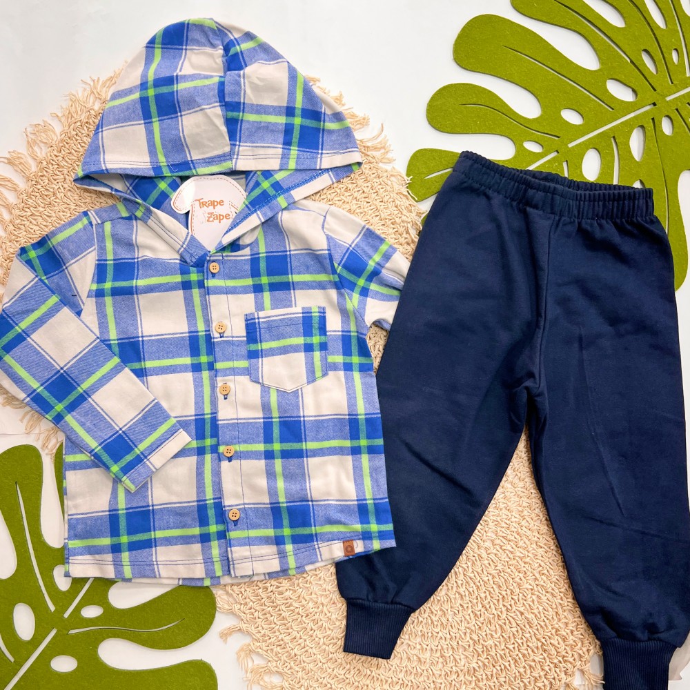 Inverno 2025 - Conj. Camisa Xadrez Flanelada com Capuz e Calça em Moletom - Azul 