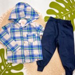 Inverno 2025 - Conj. Camisa Xadrez Flanelada com Capuz e Calça em Moletom - Azul 