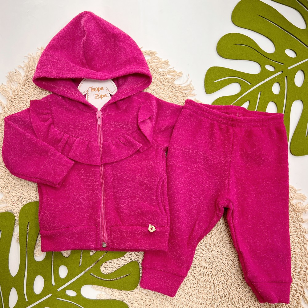 Inverno 2025 - Conj. Jaqueta com Babados e Calça de Fleece - Rosa 