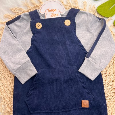 Inverno 2025 - Conj. Blusa Manga Longa e Jardineira em Plush Canelado - Azul Marinho