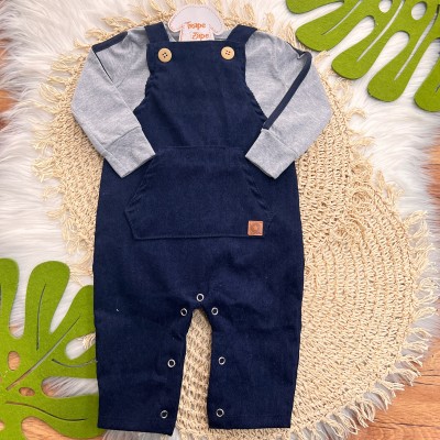 Inverno 2025 - Conj. Blusa Manga Longa e Jardineira em Plush Canelado - Azul Marinho