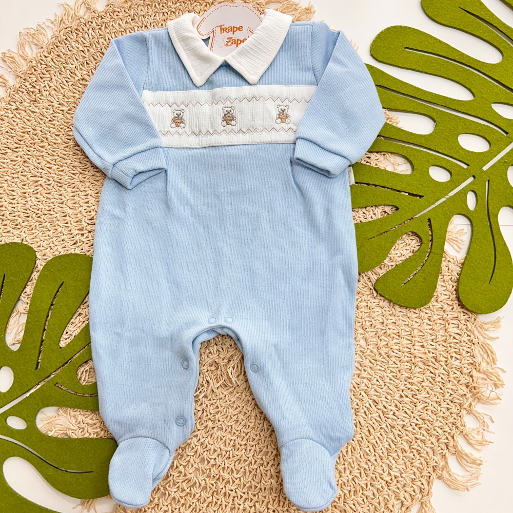 MacacãoTricotil (Tricot 100% Algodão) com Gola e Bordado - Azul Bebê Ursinhos