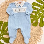 MacacãoTricotil (Tricot 100% Algodão) com Gola e Bordado - Azul Bebê Ursinhos