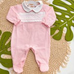 Macacão Tricotil (Tricot 100% Algodão) com Gola e Bordado - Rosa Bebê Losango