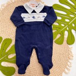 Macacão Tricotil (Tricot 100% Algodão) com Gola e Bordado - Azul Marinho Carrinhos
