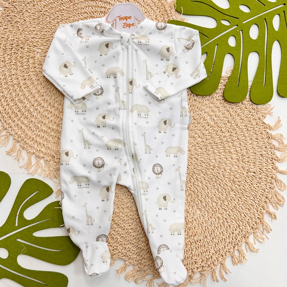 Macacão em Soft com Abertura em Zíper Baby Safari - Areia